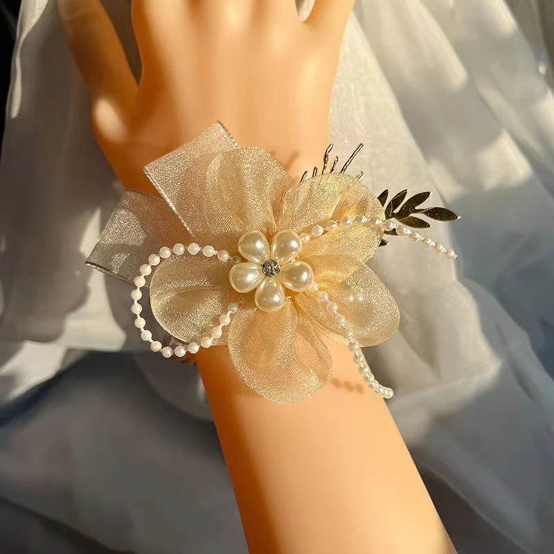 Elegant Sweet Bridesmaid Bracelet Wedding Wrist Corsage Aestheticism Ribbon Pearl Flower Bride Wrist Jewelry Accessories