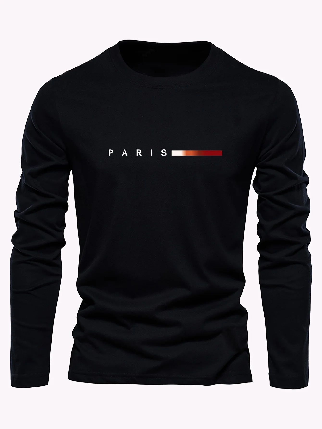 Men's 100% Pure Cotton Long Sleeve Round Neck T-Shirt Loose Minimalist Paris Letter Print Casual Versatile Spring Autumn Wear