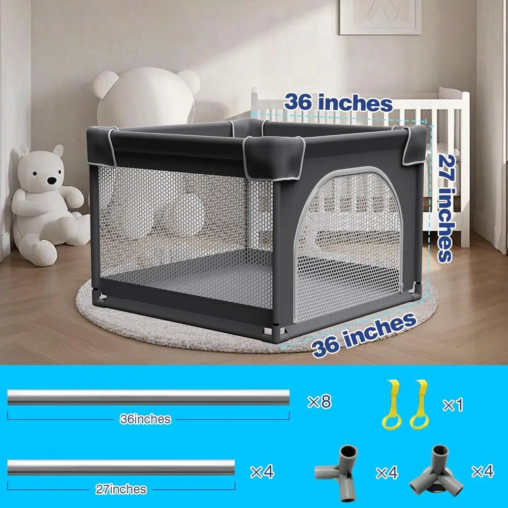 روضة أطفال مدمجة مقاس 36 × 36 مع حصيرة، ساحة لعب متينة للأطفال في الهواء الطلق والداخلي، شبكة ناعمة للسلامة (رمادي) #3