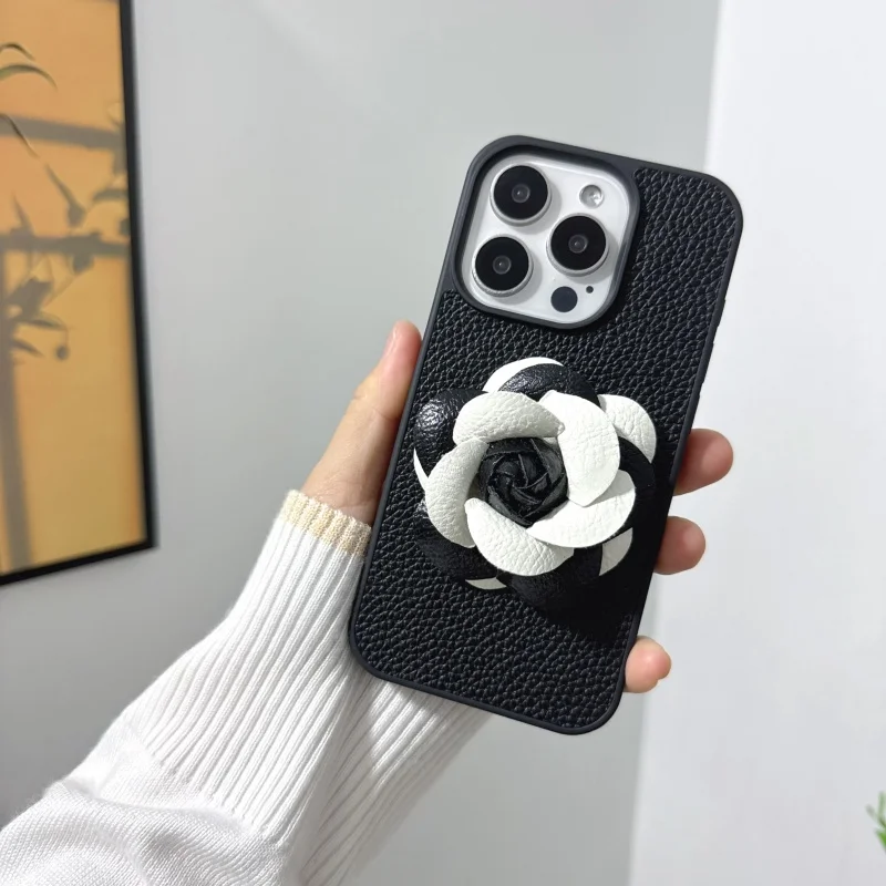 Luxury fashion 3D Camellia flowers PU leather Case for iPhone 16 15 14 Phone Cover 13 12 11 Pro MAX Hard Shockproof Back Funda