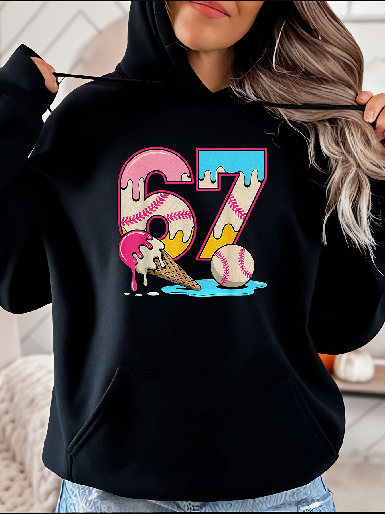 

Бейсбольная толстовка 67, повседневная толстовка с принтом мороженого, женская модная спортивная одежда для фанатов и игроков