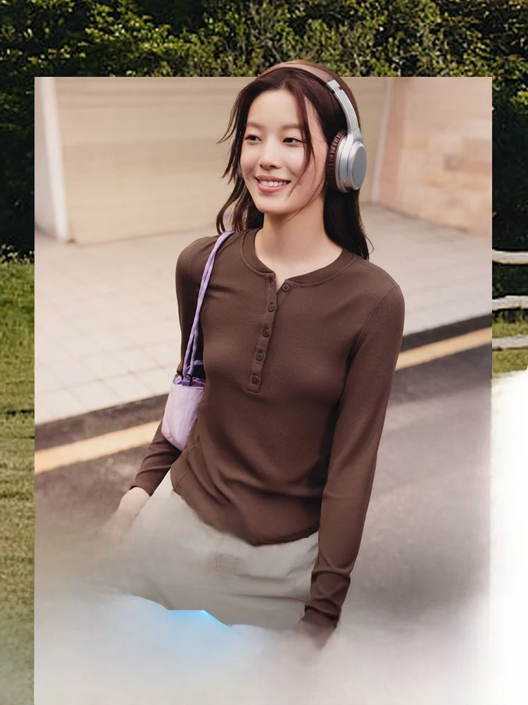 

Banana Le Henry Long Sve T-irt Women's V-Ne Low-Ne Autumn Winter Slim Fit Warm Base irt f Open Collar White Top