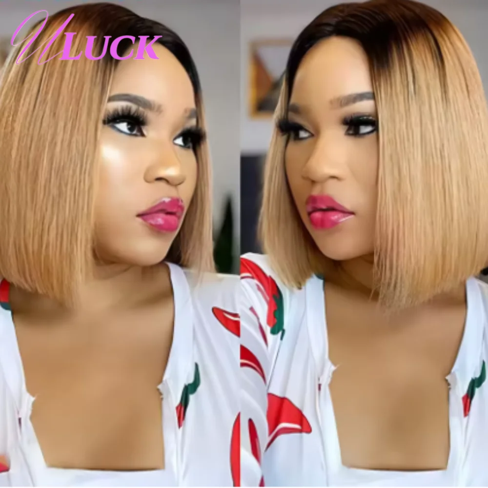 

Uluck Double Drawn Short Straight Bob Wigs Real Human Hair Wigs 300% Density 2x6 Lace Frontal Wigs Ombre Brown Colored For Women