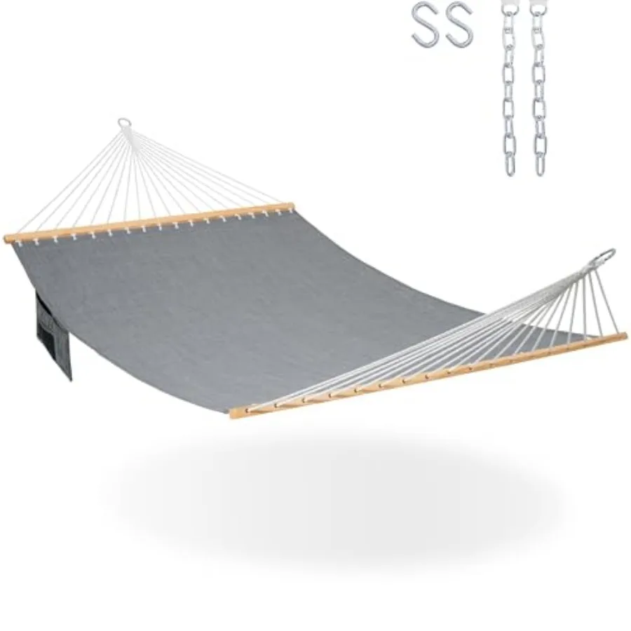 

11 Feet Double Outside Hammock Quick Dry Olefin Fabric Hammock with Spreader Bar and Side Pocket for Outdoor Poolside Backyard