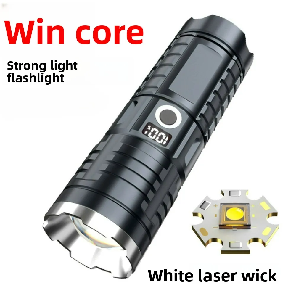 مصباح يدوي فائق السطوع طويل المدى قابل لإعادة الشحن في الهواء الطلق، شعاع عريض قابل للتركيز مع شاشة رقمية ومدفع ليزر