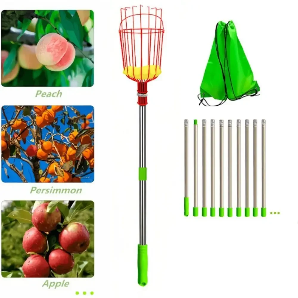 with Basket Fruit Picker Pole High-altitude Telescopic Fruit Collector Rustproof Metal Fruit Catcher Garden Picking Device