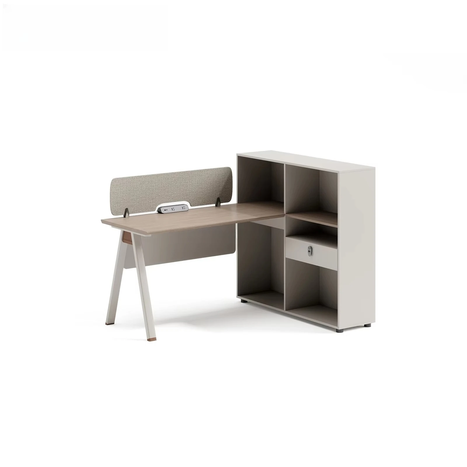 @`Modern Durable Light Wood Office Desk with Lockable Pedestal Open Storage & A-Shape Legs Single Workstation for Office & Home