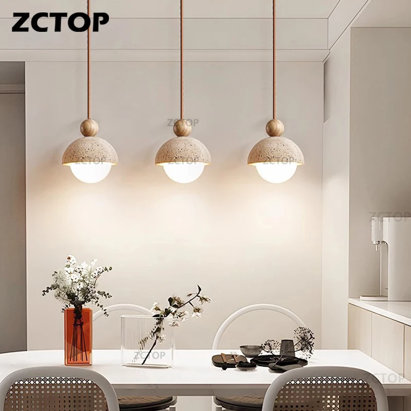 Wabi-Sabi Yellow Travertine Pendant Light Japanese Cave Stone Hanging Lamp for Kitchen Island Restaurant Bedroom Bedside Light view 2