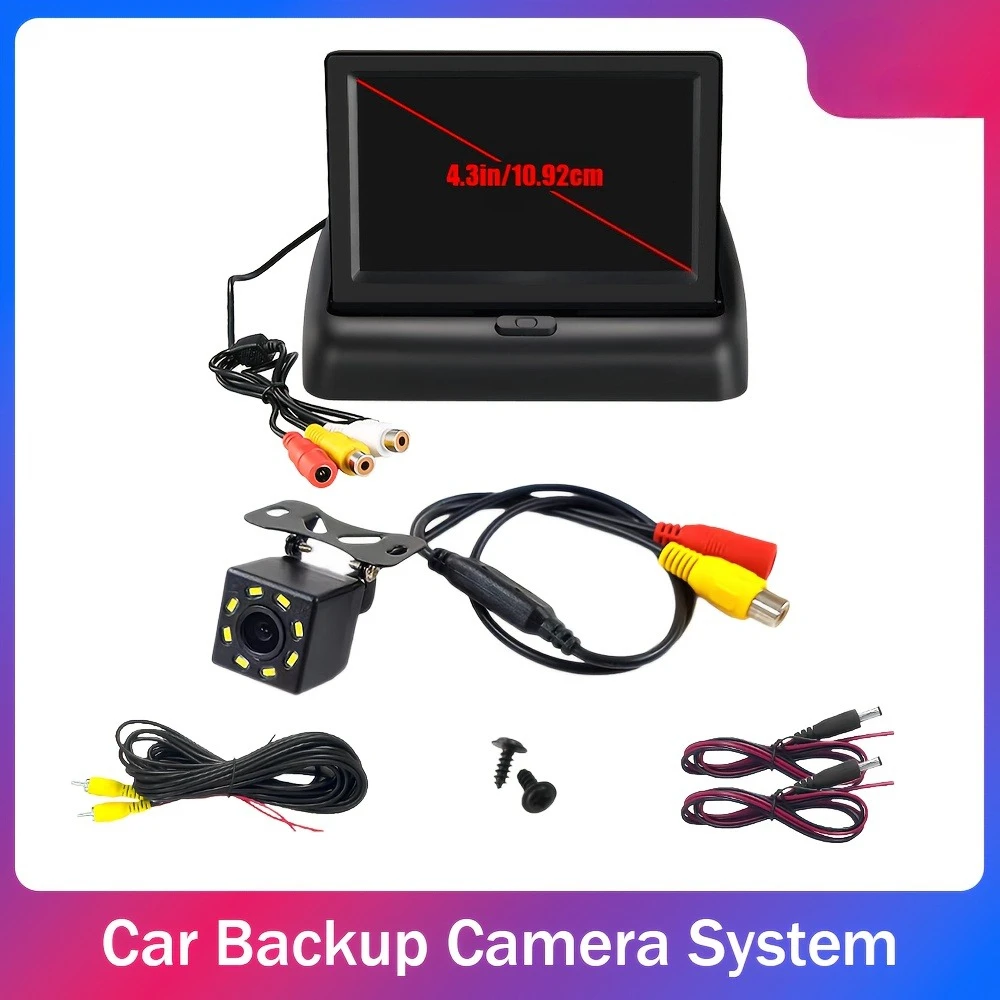4.3 Inch Reversing Camera with Folding Monitor Kit - Ultra Clear Night Vision View with 8 LED Lights for SUVs, Pickups, and RVs