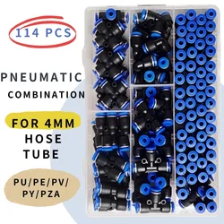 114 PCs Boxed PU-4/PE-4/PZA-4/PY-4/PV-4/PG-4 Pneumatic Fitting Kit 4mm Outer Diameter of the Hose Pipe Tube Air Connectors