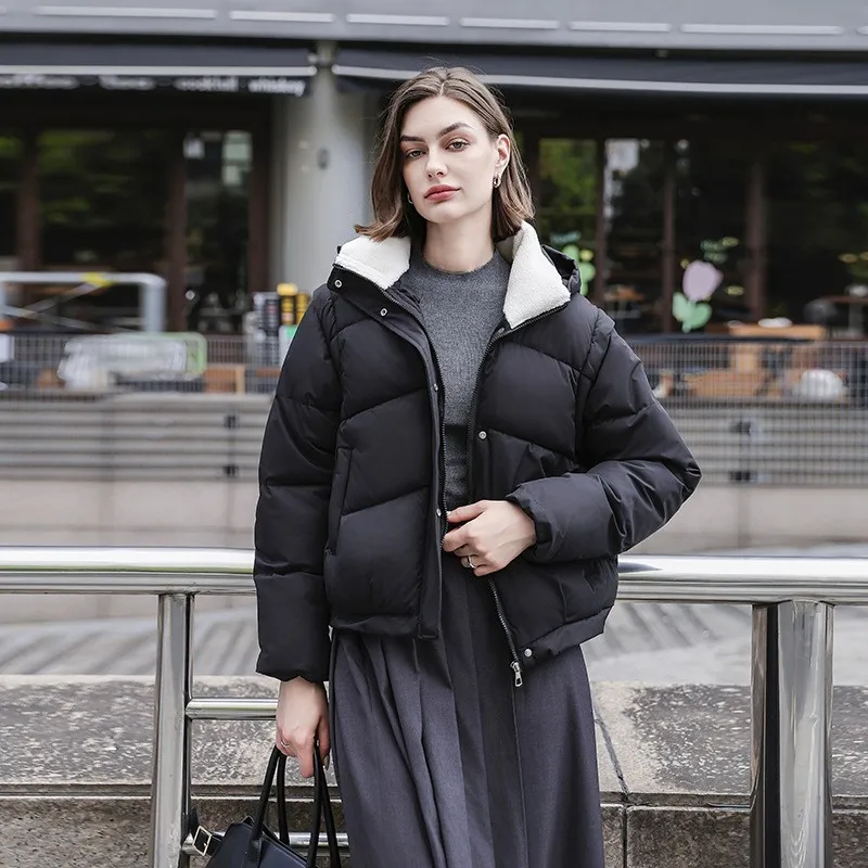 

Женский бархатный пуховик с капюшоном из ягненка со съемными рукавами, утягивающий короткий стиль, зимняя модная куртка-хлеб