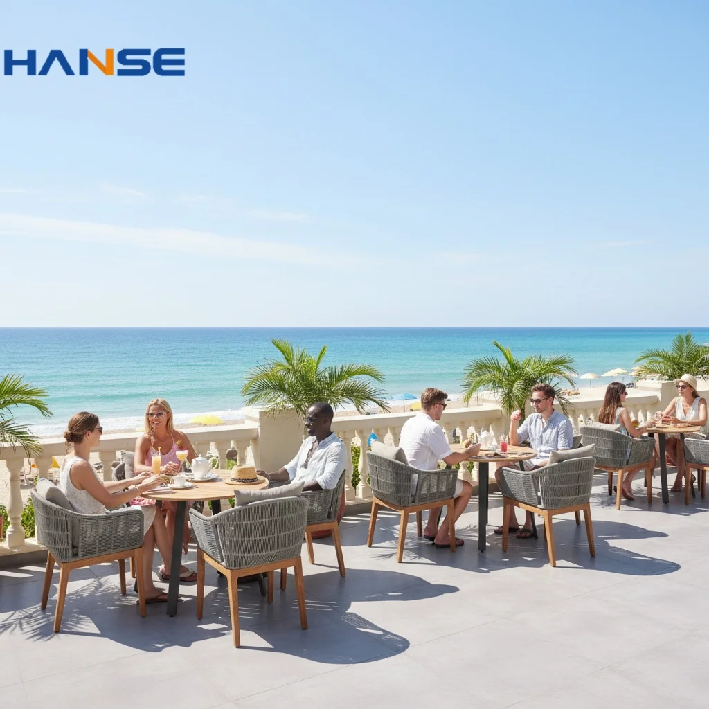 

Retro Style Resort Restaurant Outdoor Dining Table And Chair Plastic Rattan Woven Antique Wicker Outdoor Furniture
