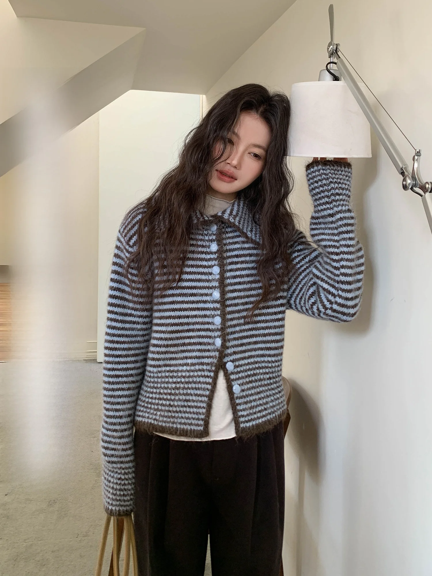 

Women's Knitted Wool Sweater Cardigan Striped Collar Color Blo Winter Faion Korean Sle Casual Long Sve Top