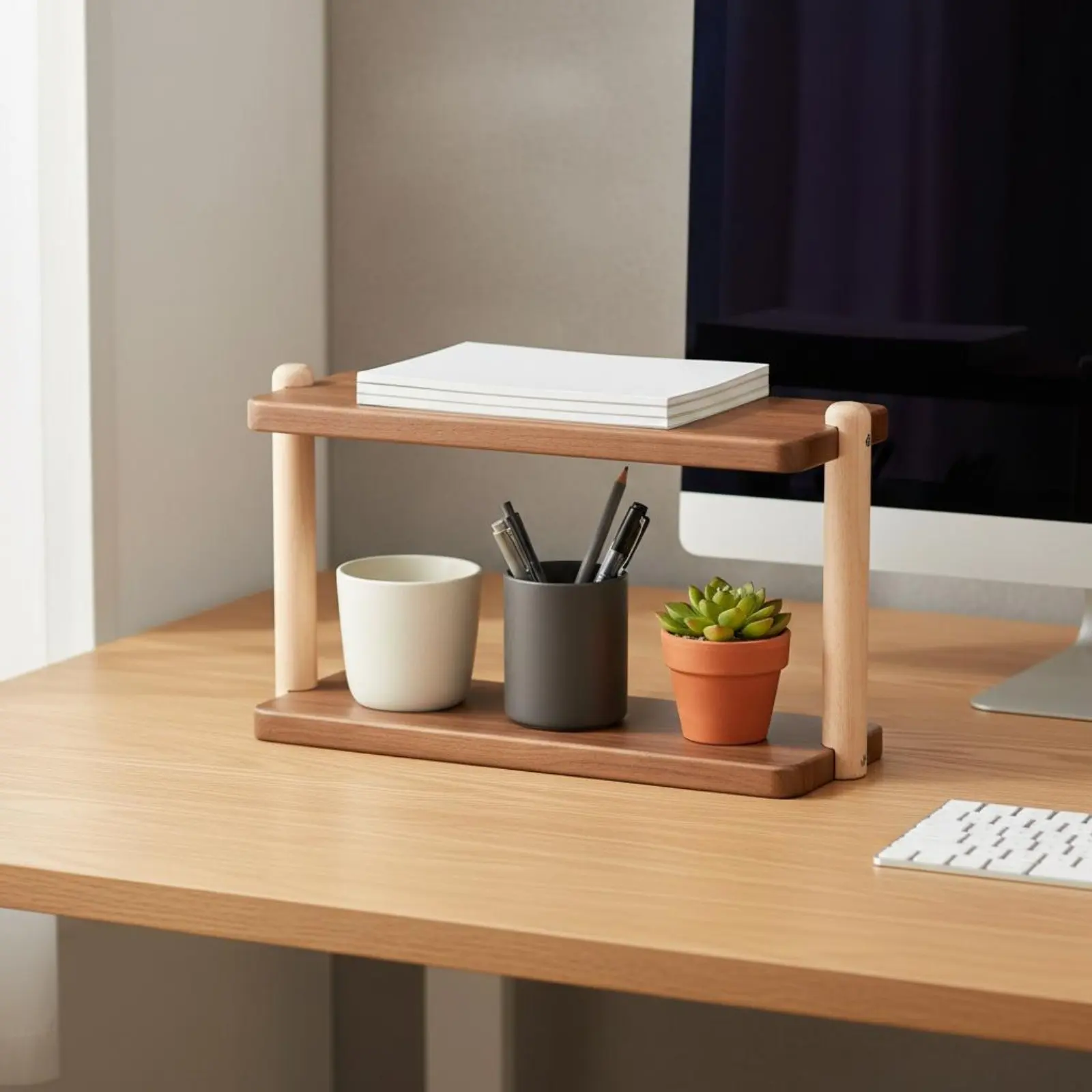 Tabletop Organizer Shelf Multi-Purpose Desktop Organizer Desktop Storage Rack Multifunctional 2-Tier Wooden Shelf Space-Saving