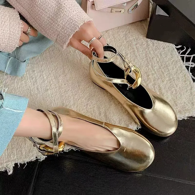 Woman Elegant French Round Toe Shallow Mary Janes Casual Flats Female Retro Metal Buckle Soft Sole Height Increased Single Shoes