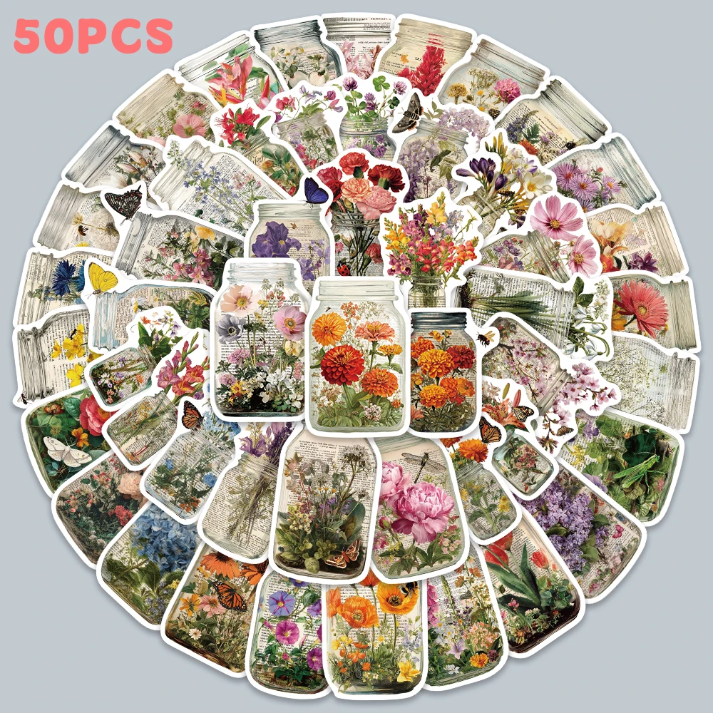 50pcs Retro Flower Bottle Sticker Colorful Aesthetic Decal For Phone Scrapbook Skateboard Decorative Sticker Holiday Gift Toy
