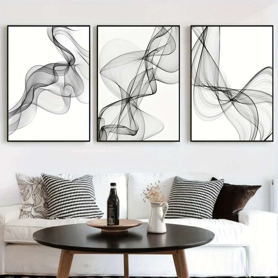 3pcs Minimalist Wavy Line Poster Canvas Wall Art, Black and White Abstract Art, Modern Home Fashion Decor, Frameless