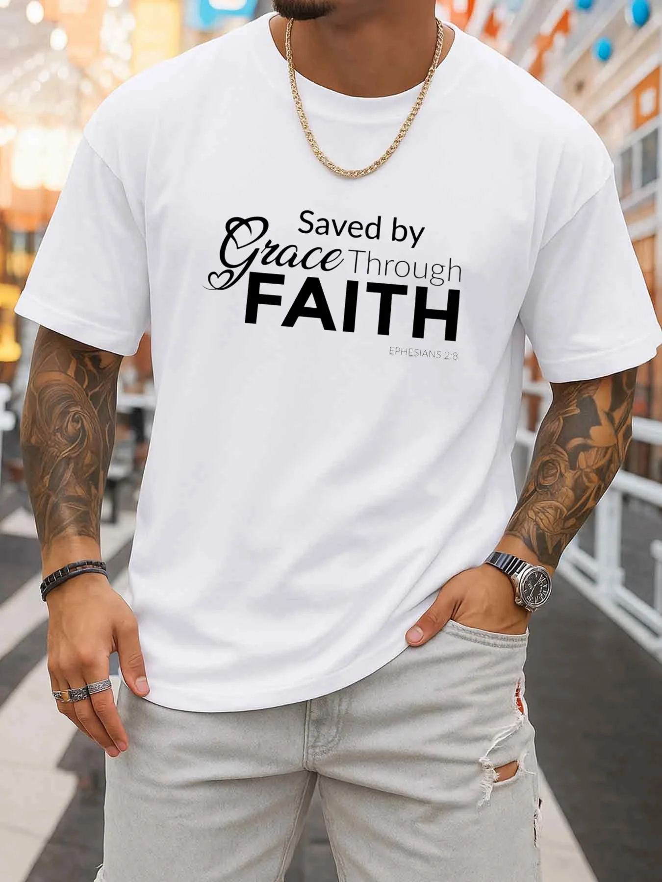 Grace Is the Gift of Salvation, Faith Is the Reason for Life. Men's T-Shirt, White Elegant Short-Sleeve T-Shirt, Suitable for Spring, Summer, and Autumn. Fun and Playful Style, Cool T-Shirt, Humorous T-Shirt, Perfect for Spring and Summer, Father's Day Gift