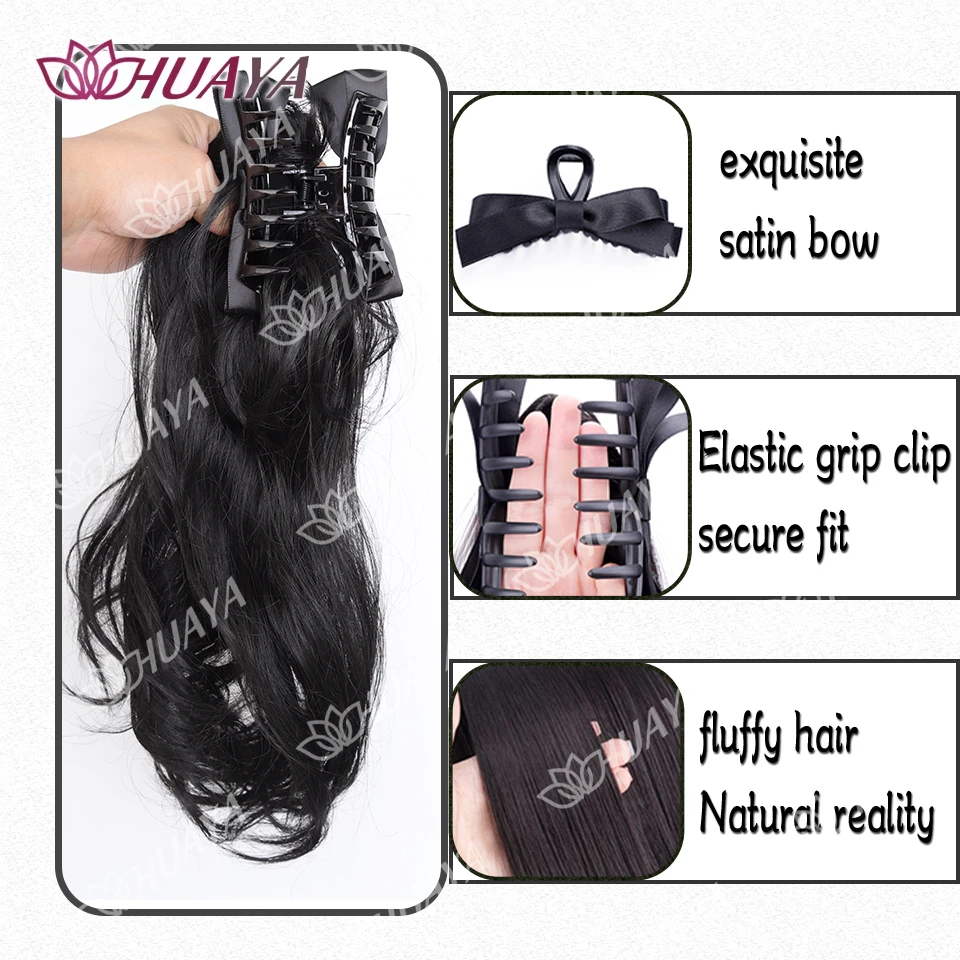 HUAYA Synthetic Claw Shaped Ponytail With Natural Wavy Curls  Black Bow And Messy Hairstyle Design Suitable For Women