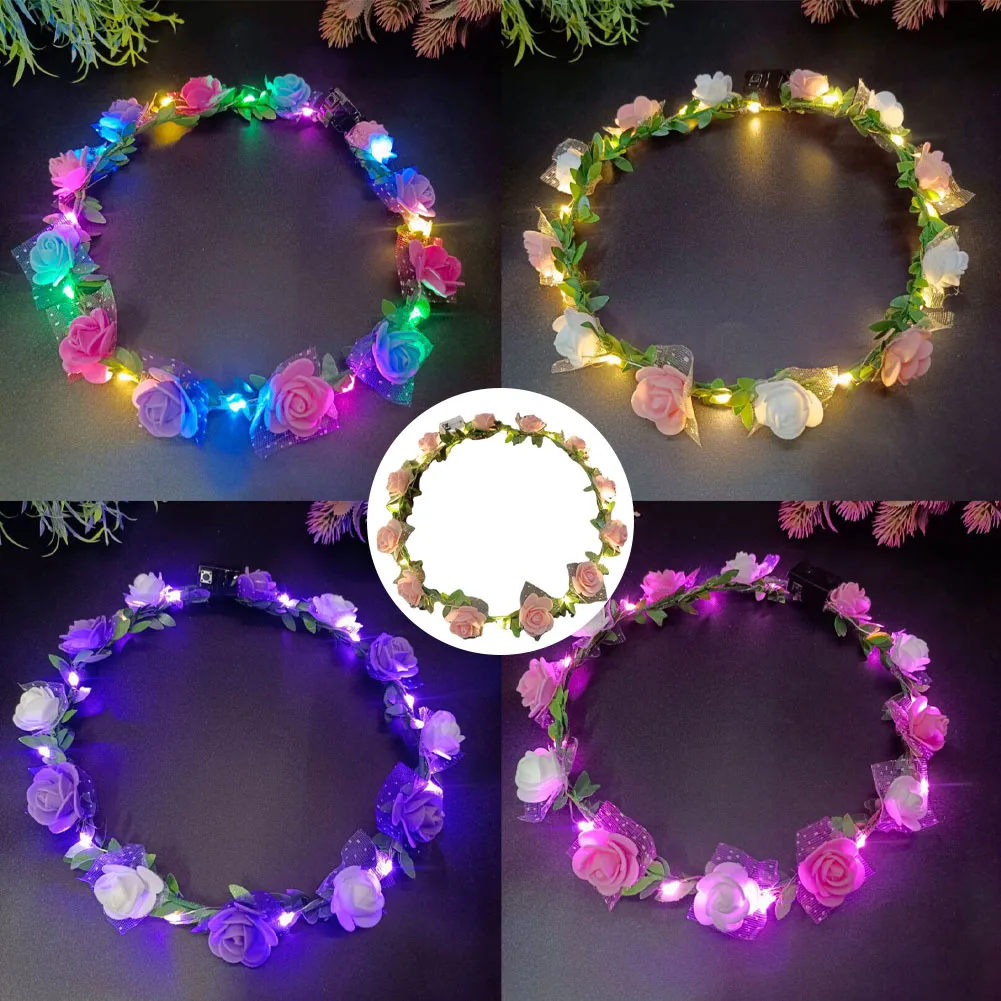 1PC Flower Crown Fairy LED Light Up Hair Wreath Party Floral Headpiece Hair Band Birthday Wedding Luminous Headband