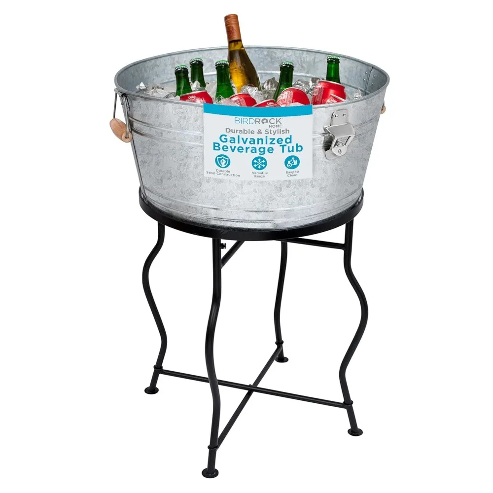 

Galvanized Beverage Tub with Stand , Bottle Opener , Party Drink Holder - Wooden Handles , Outdoor or Indoor Use