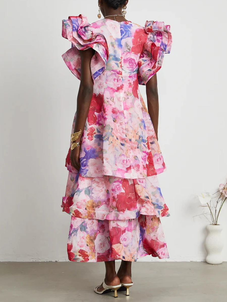 Vgh floral impressão emendado plissado vestidos longos para mulheres com decote em v manga curta cintura alta retalhos em camadas vestido longo feminino novo