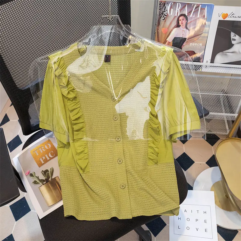 

Sweet V-Ne Bubble ort Sve Chiffon irt Women's Summer Outfit Slimming Top Korean Sle Commute Wind Loose Fit irt