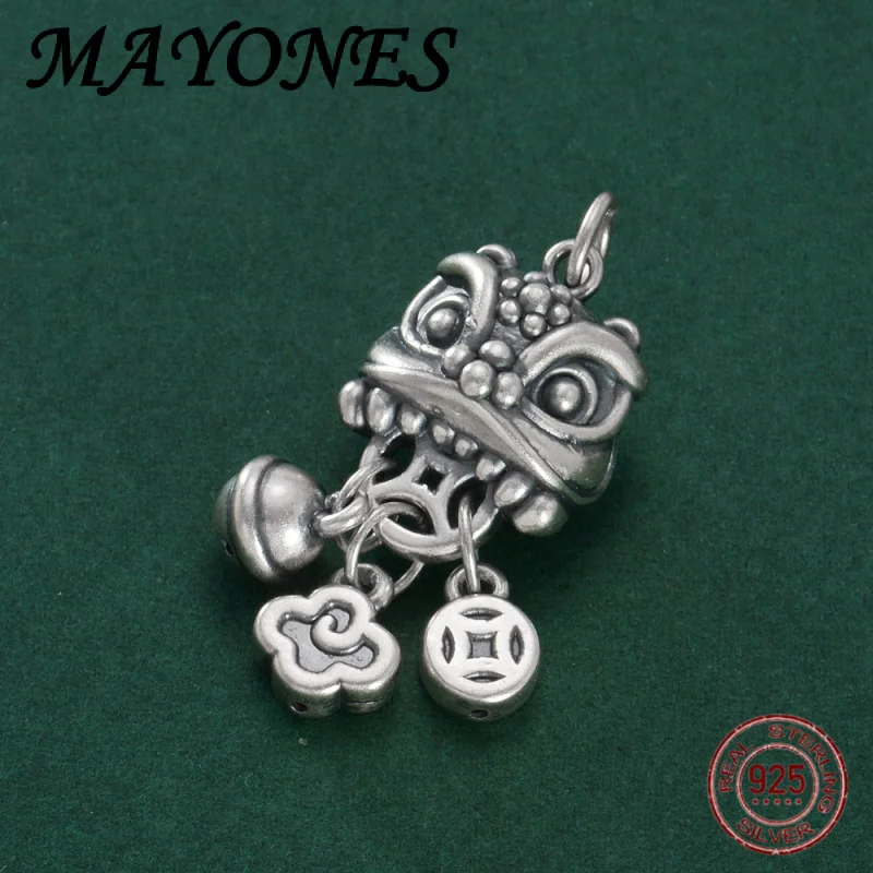 

new S999 Pure Silver Cute Awakening Lion Pendant Retro Chinese Style Fu Character Tassel Pendant DIY Bracelet Accessories