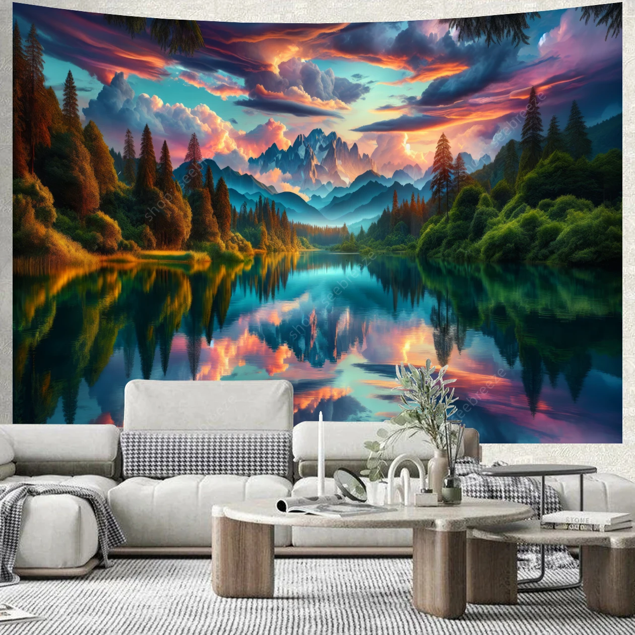 Vibrant Mountain Sunset Reflection Tapestry for Hippie Boho Aesthetic Room Decor Psychedelic Home Wall Decor Picnic Carpet