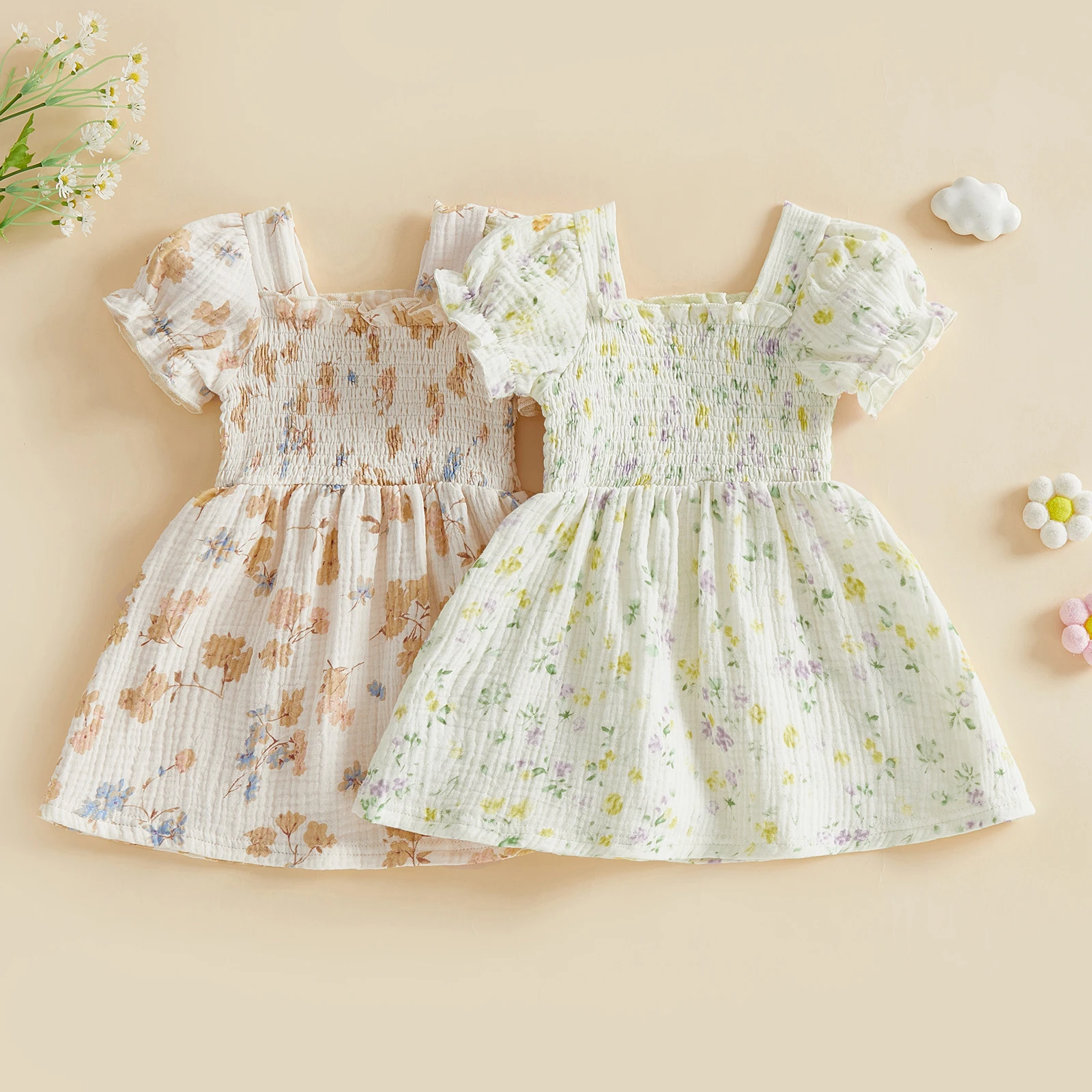 Toddler Girl Floral Dress Puff Sleeve Smocked Bodice Square Neck Dress for Everyday Wear