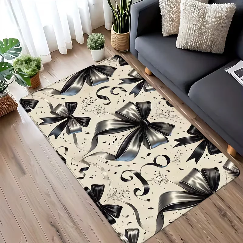 Commercial Ribbon Printing Machine - Elegant Black Bow Print Area Rug