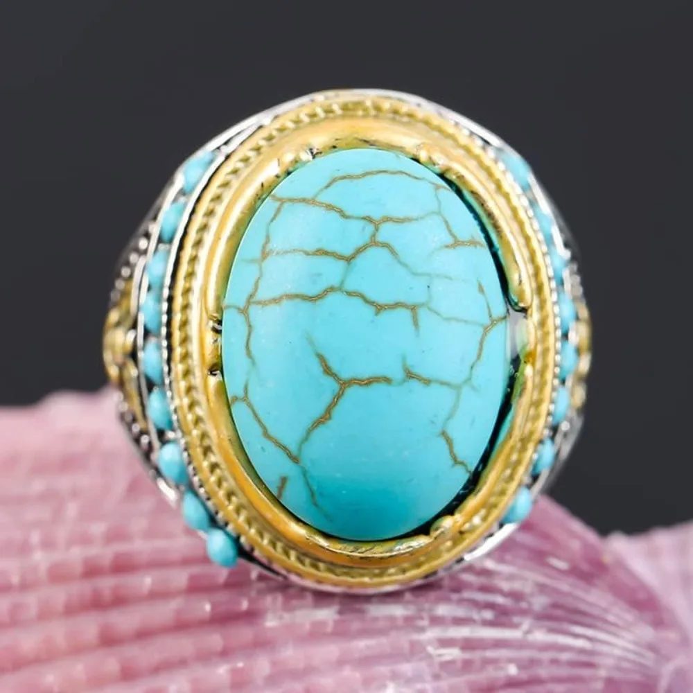 

Fashion Retro Men's Ring Natural Oval Turquoise Gemstone Men's Ring Luxury Design Ring Trendy Bohemian Jewelry