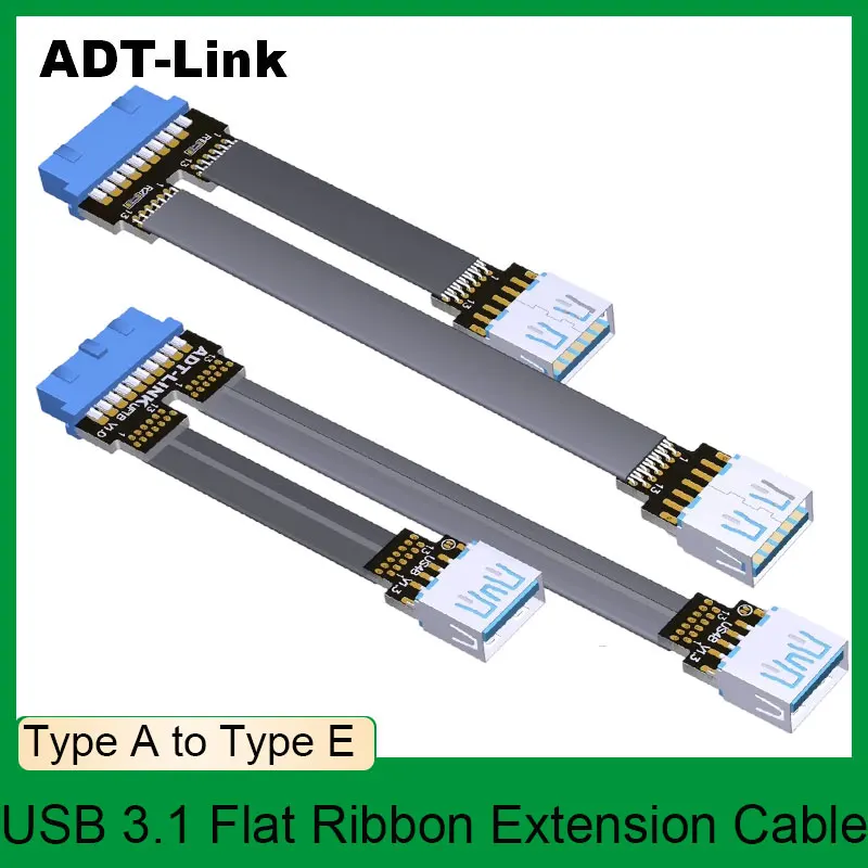 

ADT-Link USB 3.0 Double Type A to Type E Flat Extension Cable Blue Interface 19P/20P Front Rear Corner with Screw Holes Adapter