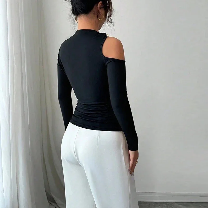 Fashion Women Blouses Sexy Cold Shoulder Skinny Top Elegant Long Sleeve Shirt Women Sexy Tops Female All Match Shirt Black