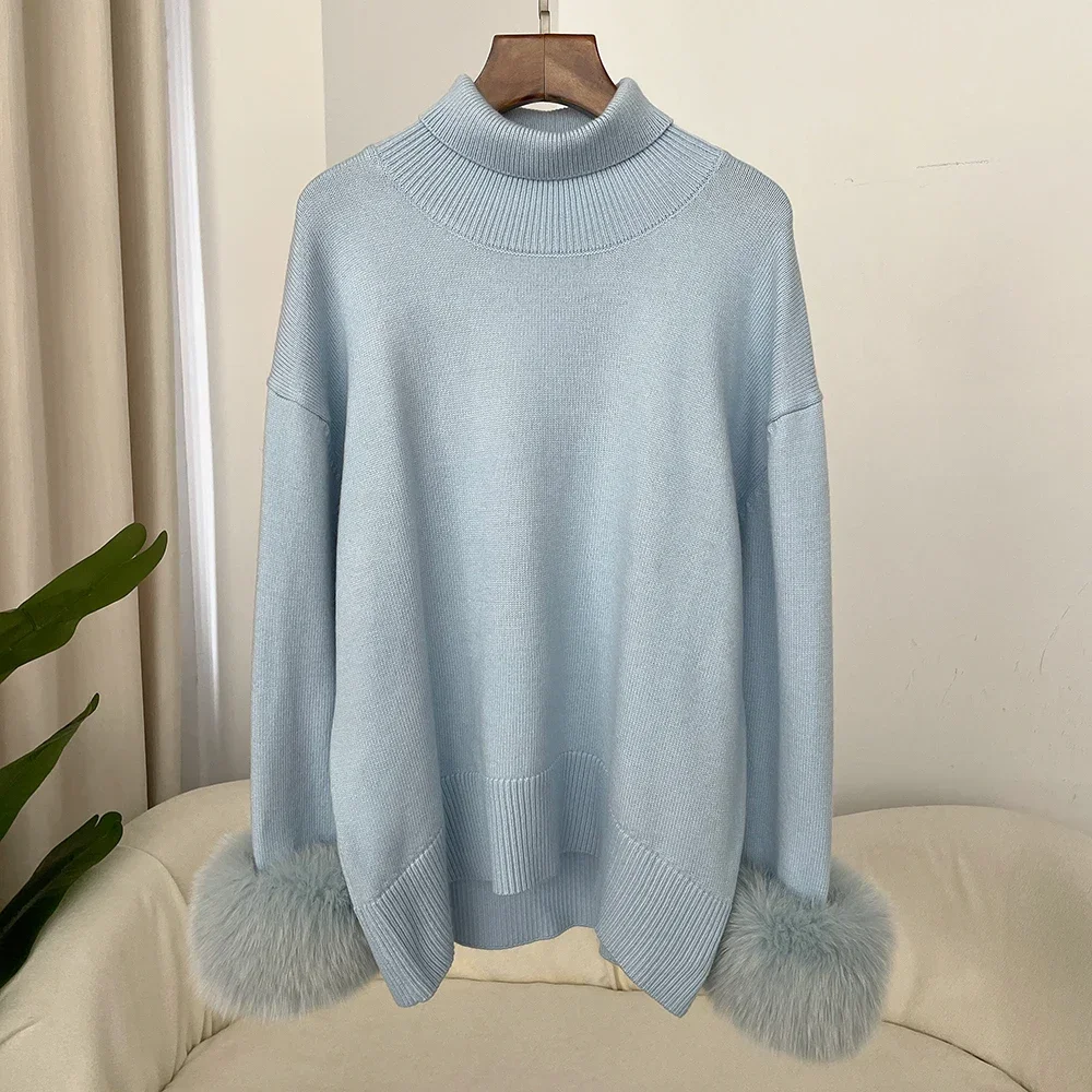 2024 Sweater Women Autumn Natural Fur Knitwear Pull Femme Real Fox Fur Coat Winter New Fashion Sleeves Slim Fit Sweaters Vintage