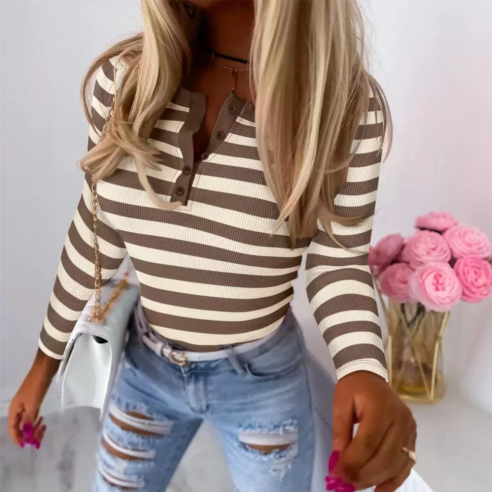 

Women Sweaters Striped Jumpers Long Sleeved Slim Fit Knitted Pullovers Spliced Button Sweater Elegant Lady High Street