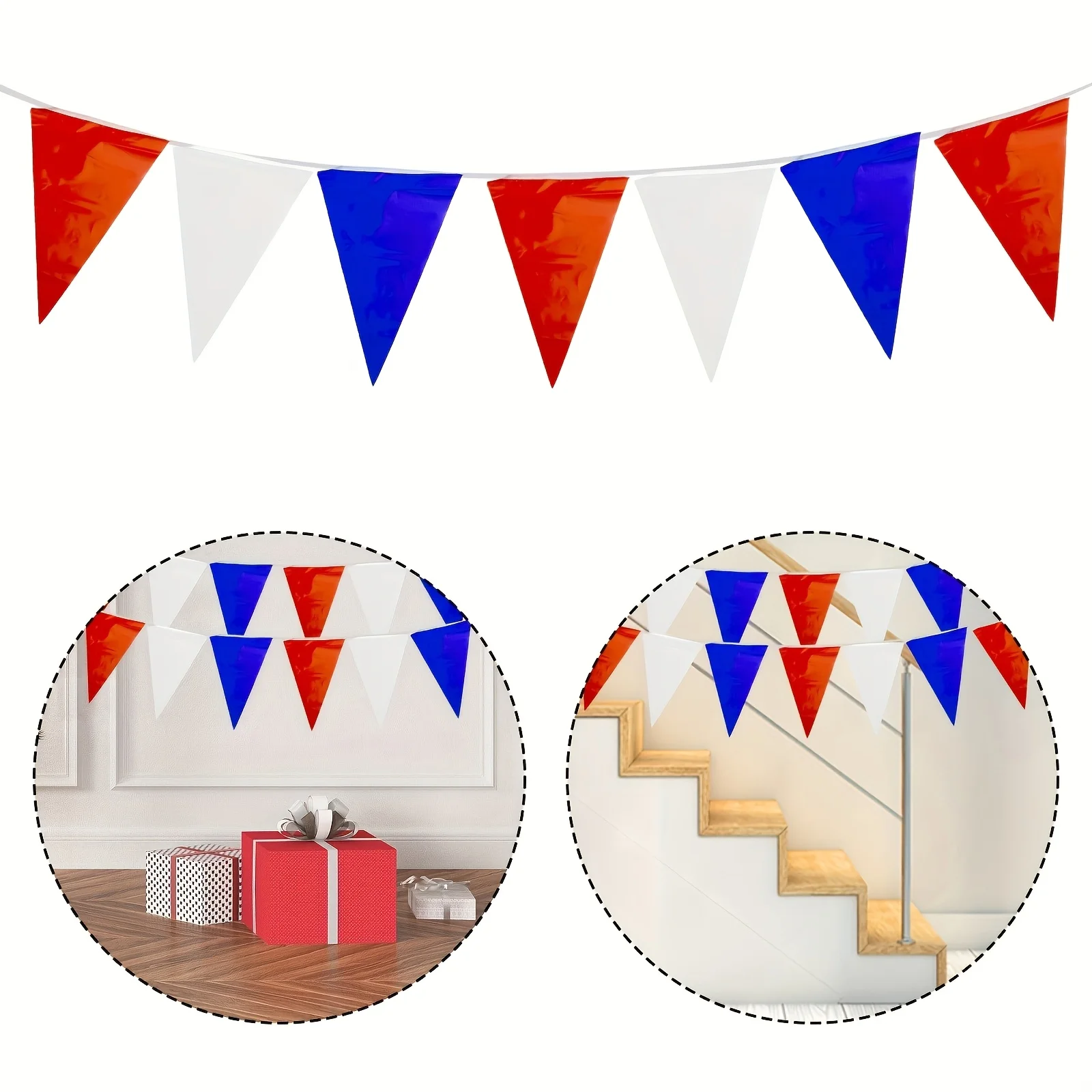 10m Rot-Weiß-Blaue Wimpelkette Patriotische Partybanner 20x30cm Dreieckige Wimpelgirlande aus PE-Kunststoff für USA 4. Juli Geburtstag – Detail 1