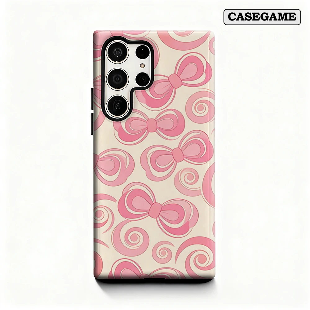 Casegame Phone Case for Samsung Galaxy S26 S25 Ultra S24 S23 Plus Shockproof Double Layer Tough Back Pink Bow Swirl Cover