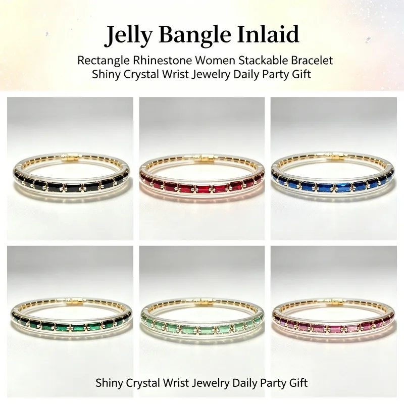 Fashion Jelly Bangle Inlaid Rectangle Rhinestone Women Bracelet Multi Color Shiny Crystal Wrist Jewelry Daily Party Gift