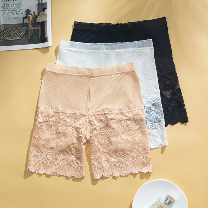 Big Size Women\'s Safety Short Pants Lace Breathable Boyshorts Ice Silk Seamless High Waist Underwear Elastic Slimming Panties