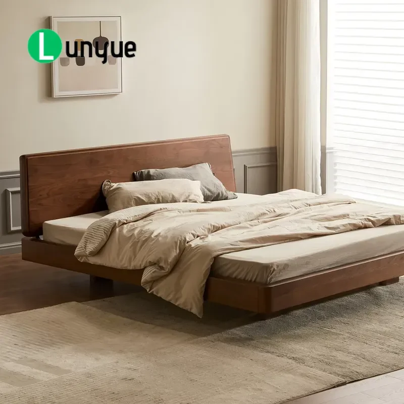Light Luxury Solid Wood Bed Queen King Size Black Walnut Bedroom Furniture Modern Minimalist Durable Frame Home Decor