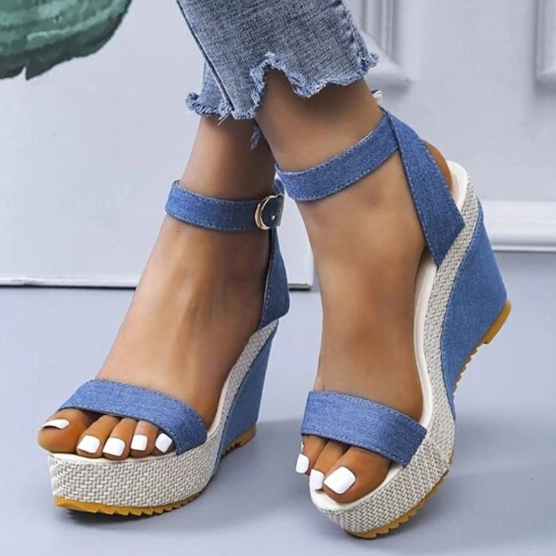 New Buckle Decor Denim Ankle Strap Wedge Sandals Summer Outdoor platform Slides 2023 Thick Bottom Ladies Shoes Female Sandals