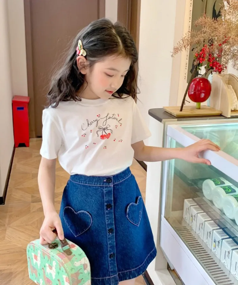Kids Clothes Girls Skirt Girls' Summer Short Skirt Cowboy Heart-Shaped Pocket Skirt Teen Girl Clothes