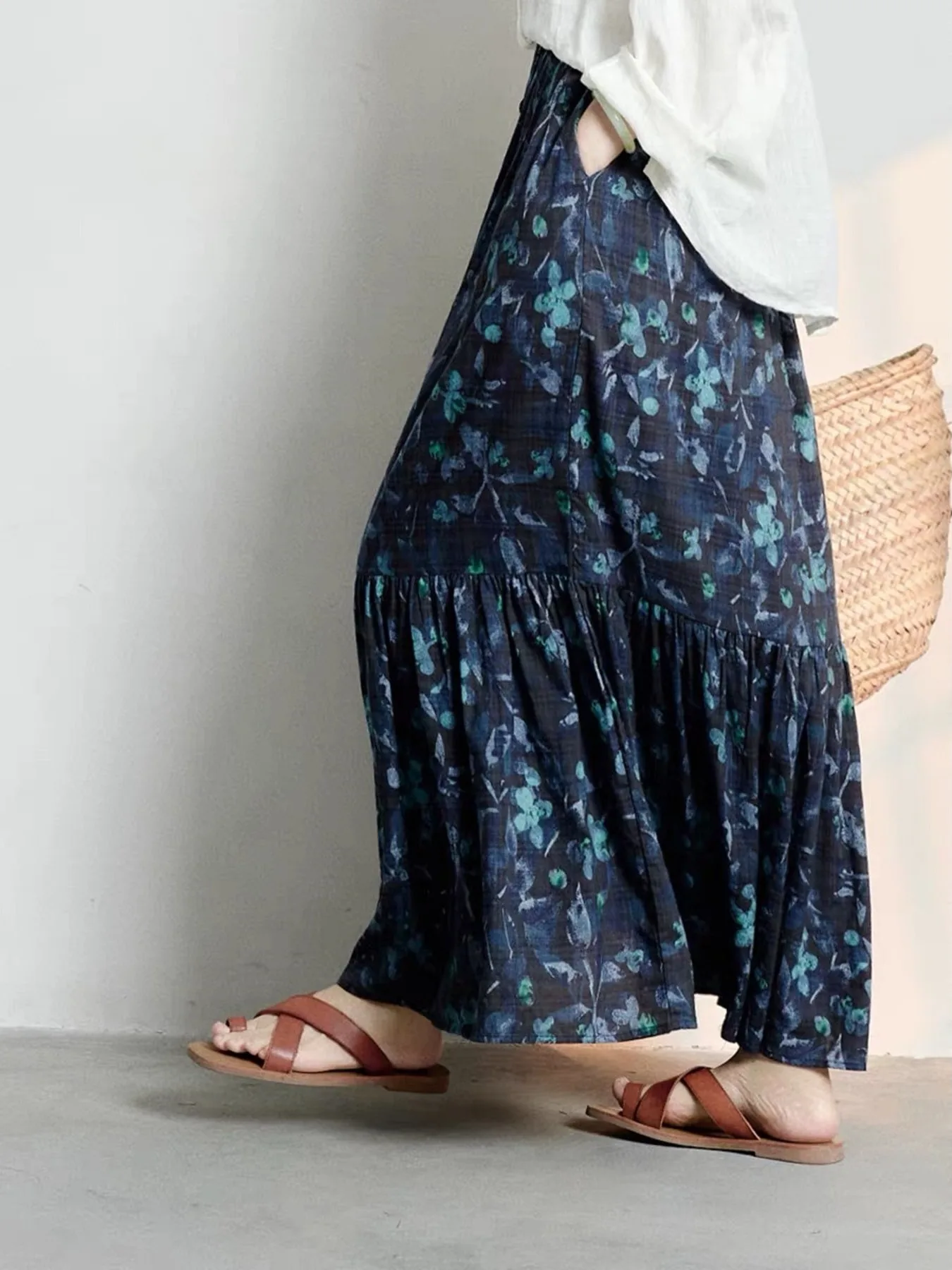 

Summer Artistic Fre Floral Print Skin-friendly Fi-tail A-line Long f-length Skirt plus Size Women's Slimming High-waist