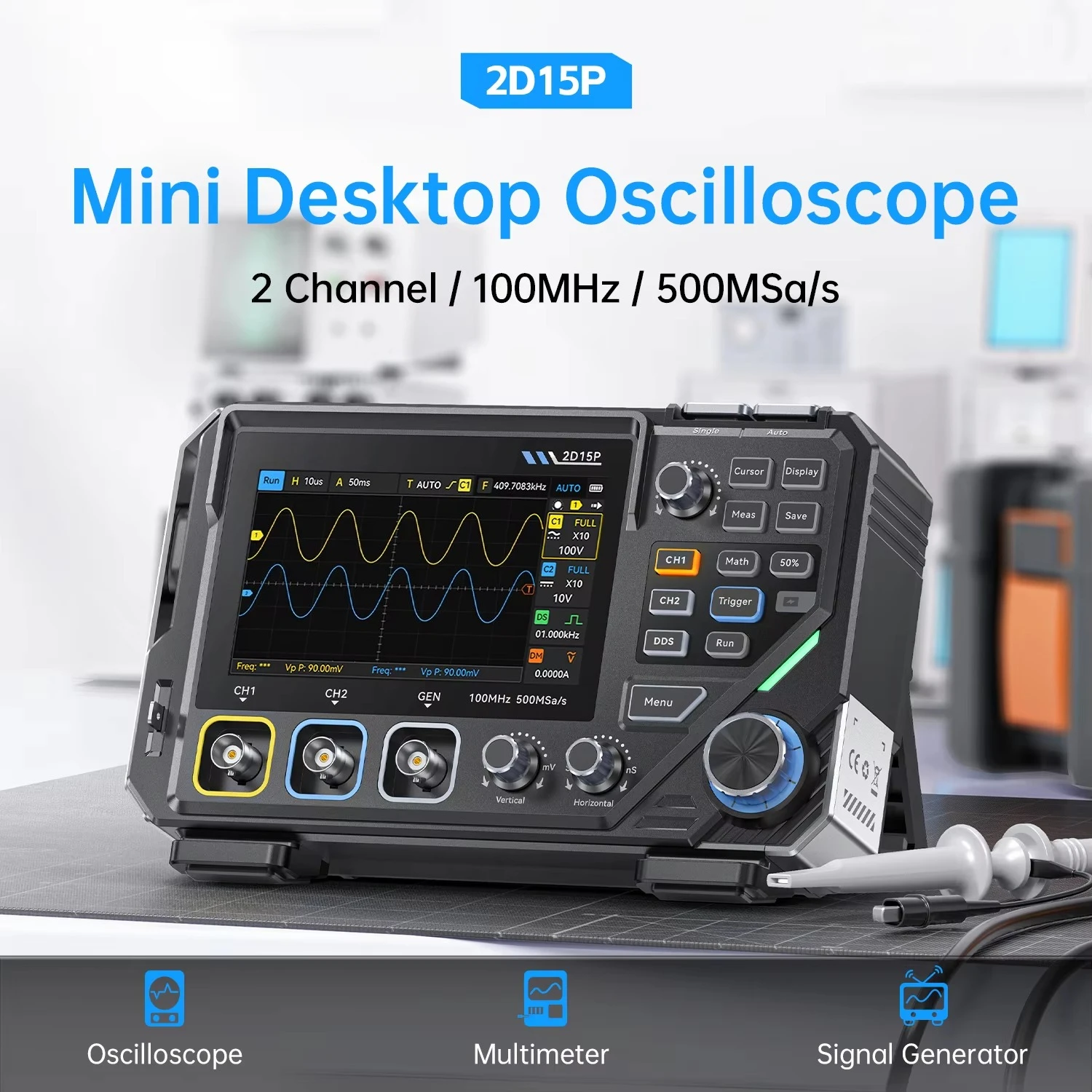 2D15P 3-in-1 Digital Multimeter Oscilloscope Signal Generator 2Channel 100MHz 20000 Counts Auto Range Voltage/Current