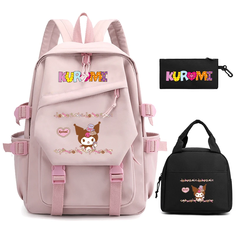 3Pcs/set Sanrio Kuromi Backpack with Lunch Bag Pencil Case for Children Girl Boy Back To School Bookbag Kid Schoolbag Rucksack