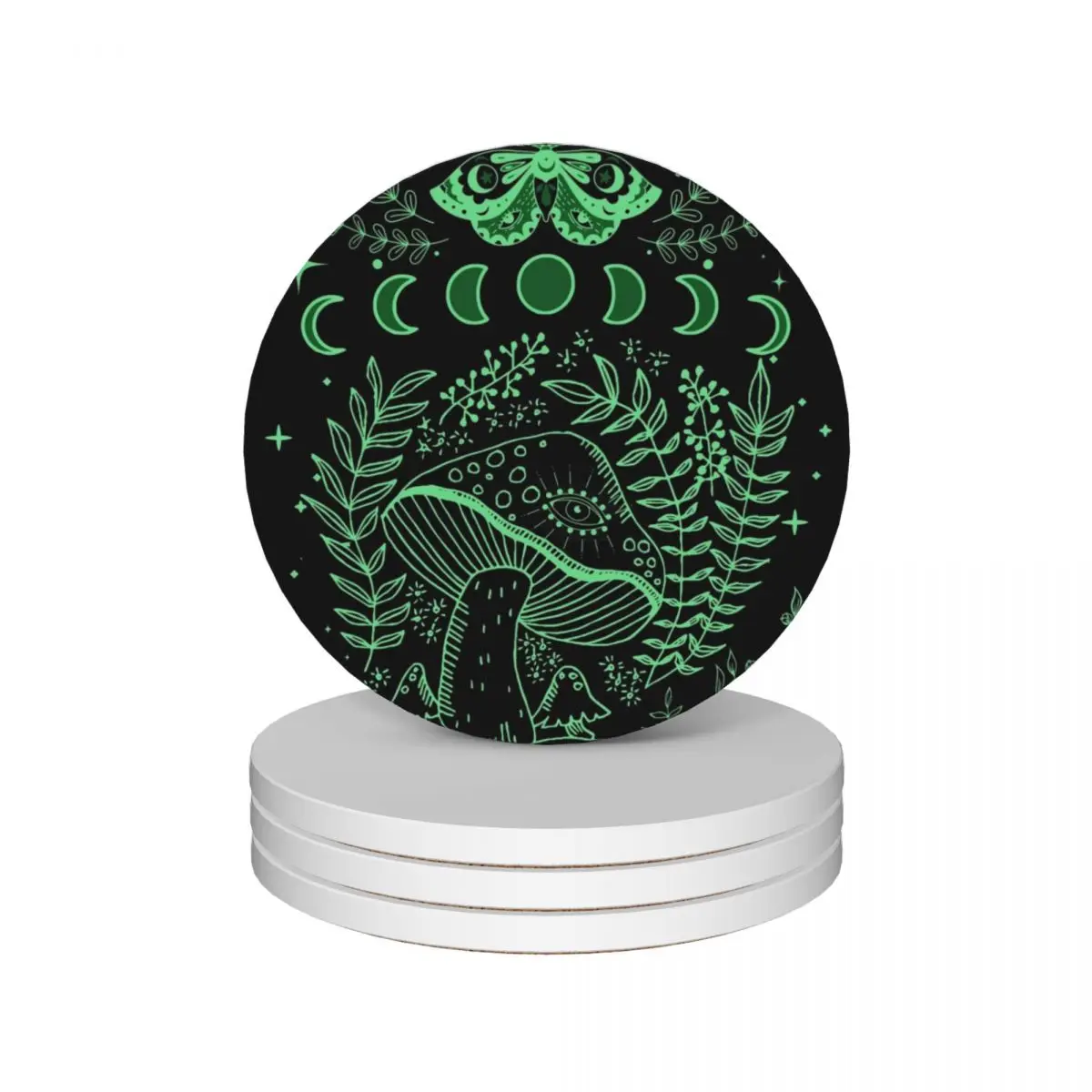 Cottagecore Mushroom Moon Phases Black Green Aesthetic Ceramic Coasters (Set of 4) for coffee cups bulk drinks Coasters