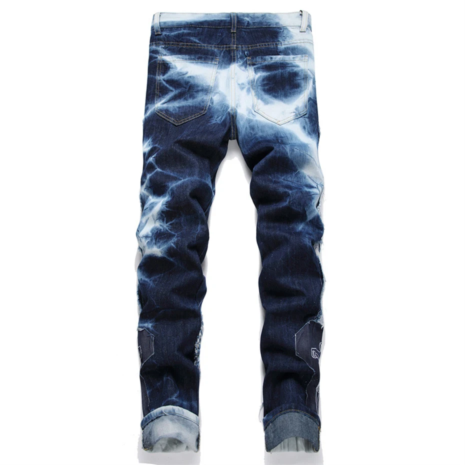 Ripped Embroidery Patchwork Fashion Jeans Men Streetwear Hip Hop Denim Pants Hi Street Blue Jeans Trousers for Male