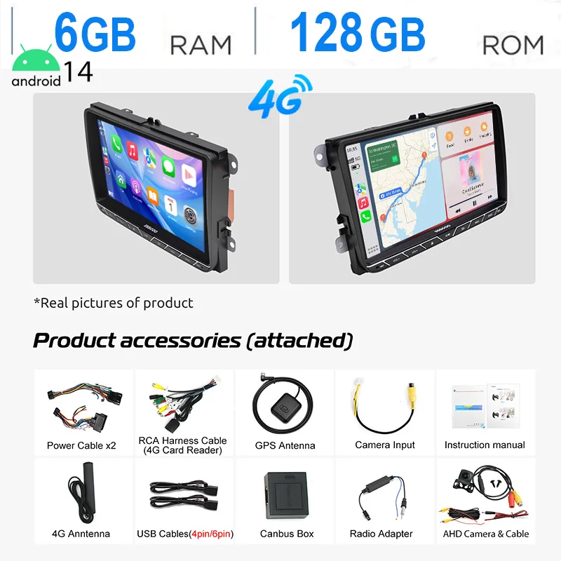 ESSGOO 9 "Android14 6 + 128G Autoradio Radio Draadloze Carplay Voor VW Golf 5 6 Passat Polo Touran Tiguan Jetta Caddy EOS 4G LET WIF