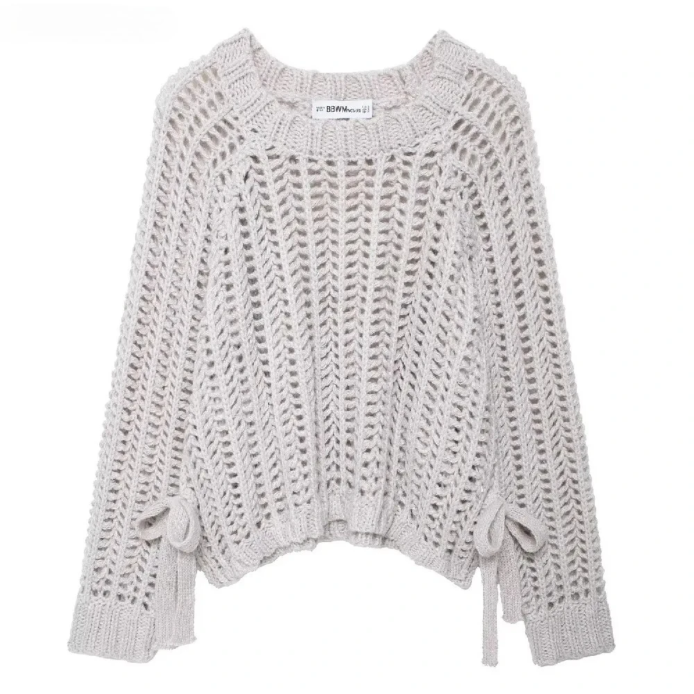 

2025 Sweet Coarse Crochet Hollow Out Hole Pullovers Woman O neck Raglan sleeve Bow Slit Sweater Knitwear Loose Jumper Gray